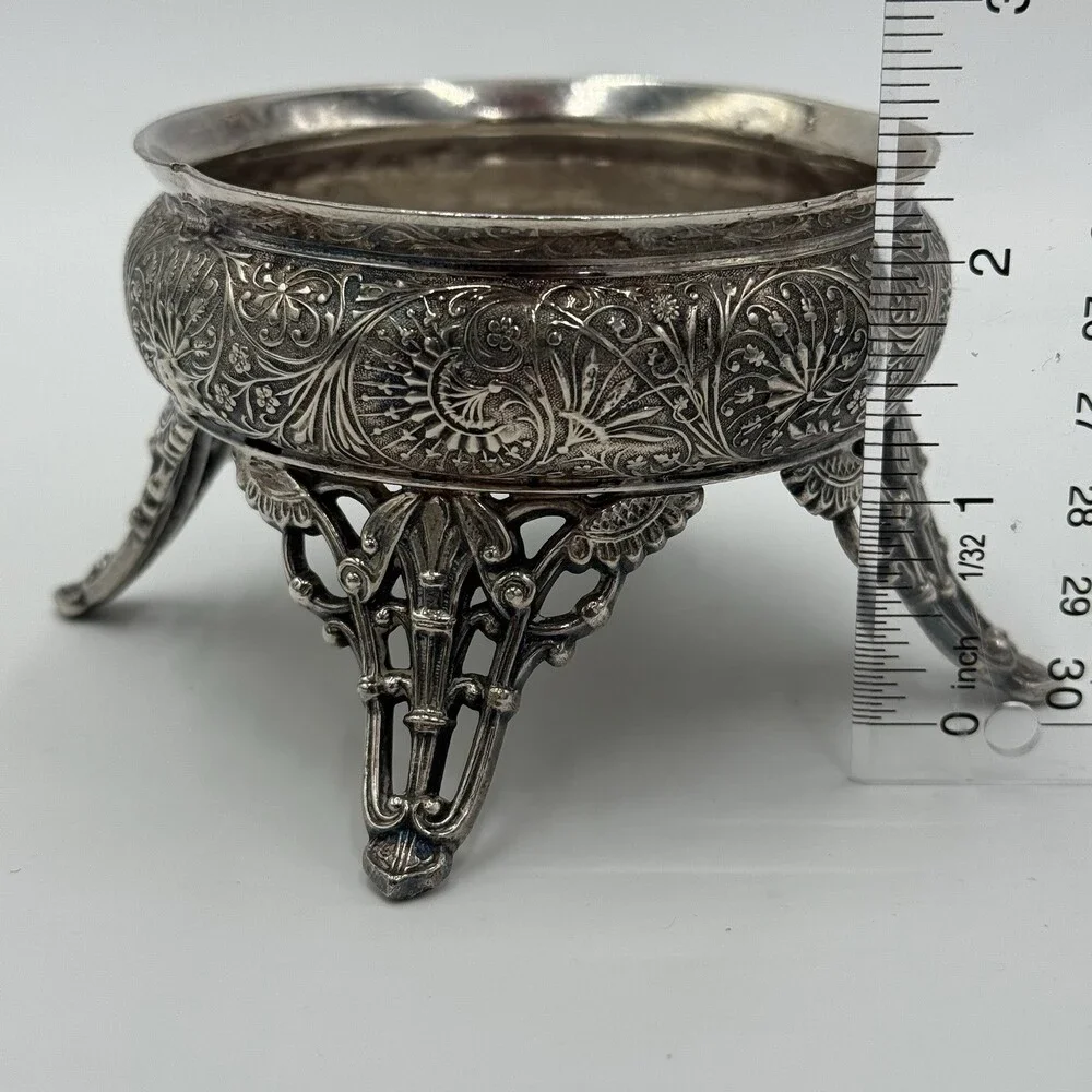 Antique Racine.SP. CO Silver Plate Salt Cellar Ornate Four Legs Rare 2.3”x 3.3”